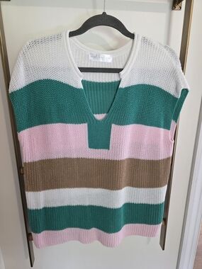 Mod Boutique Striped V-Neck Sweater in Green, Pink, Brown & White